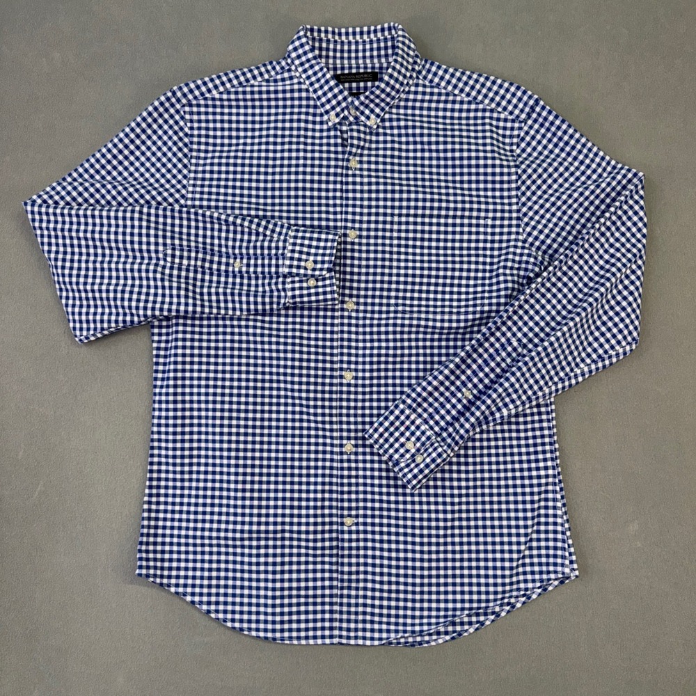 Banana Republic Grant Fit Shirt Mens Large Blue White Gingham Cotton Stretch L